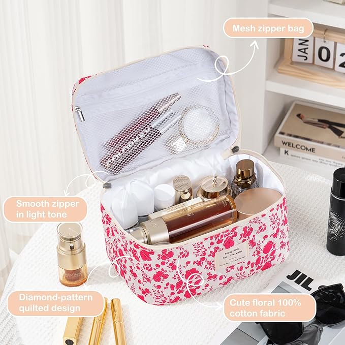 Makeup Bag for Women Quilted Corduroy Make Up Bag Travel Cosmetic Bag Large Makeup Bag Cute Makeup Bags Organizer Floral Toiletry Bag Makeup Pouch for Purse, Rose Floral-1PCS