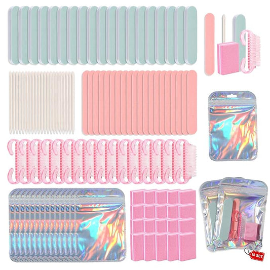 Disposable Manicure Kit Professional, 18 Set Press On Nail Tool Kit with Nail File, Nail Buffer, Nail Buffer Block, Nail Handle Brush, Wood Stick, Packaging Bag (Pink)
