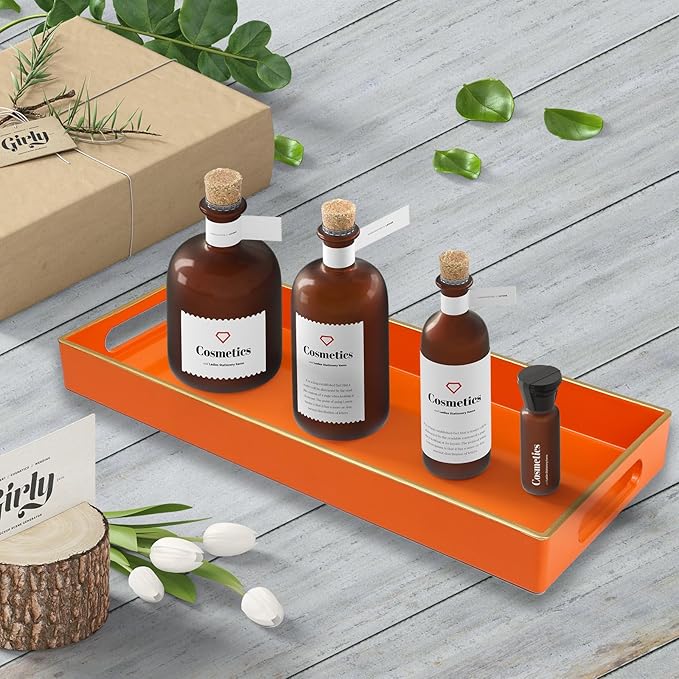 Leemxiiny Orange Bathroom Vanity Tray for Countertop, Small Plastic Toilet Tank Versatile Storage & Organization Tray for Makeup, Perfume, Desk, Kitchen, Candles, 13.7"x6"x1.4", 35O