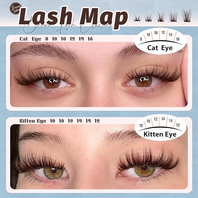 Brown Lash Clusters Kit Fairy Eyelash Clusters Natural Lash Extensions Kit Wispy Cluster Eyelash Extensions 3D Dark Brown Individual Eyelashes with Lash Bond and Seal, Tweezers CC-Curly 8-16MM 144PCS