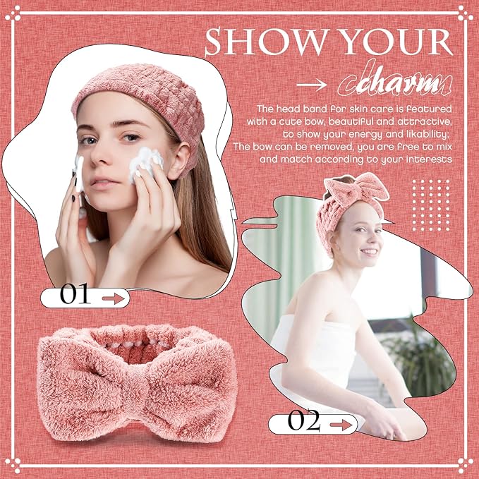Yunlly 20 Pcs Spa Headband for Women 4 Inches Width Facial Makeup Hair Band Bulk Skincare Headbands for Washing Face Bowtie Slumber Party Supplies Fluffy Head Wraps(Rose Pink)