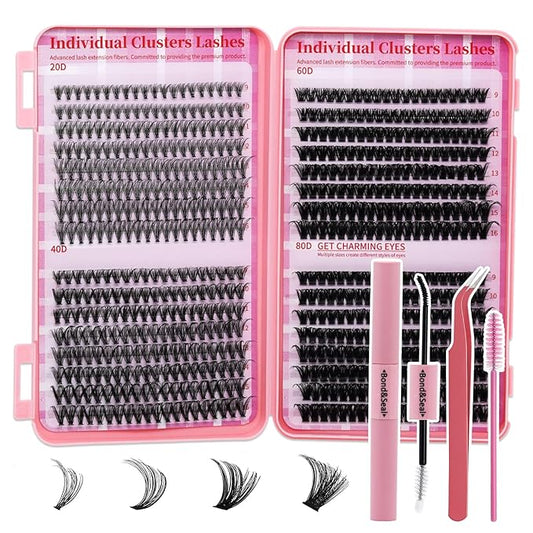 Lash Clusters Kit DIY Lash Extension Kit Cluster Lashes Mix 9-16mm Eyelash Extension Kit Individual Lashes with Lash Bond and Seal,Lash Tweezers,Mascara Brush(20D+40D+60D+80D Kit)