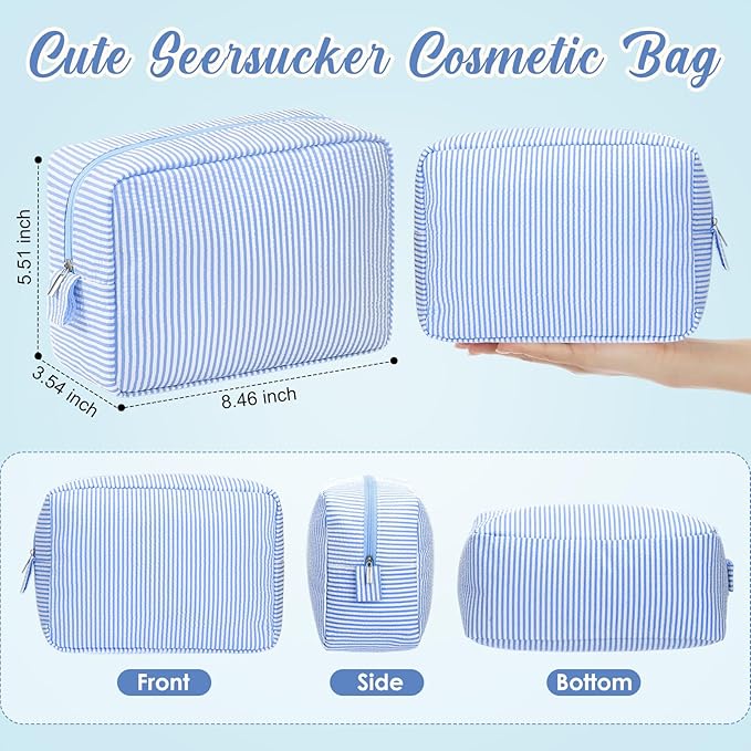Sanwuta 9 Seersucker Cosmetic Bag Bulk Pinstripe Makeup Bag for Women Aesthetic Cute Travel Toiletry Organizer Preppy Storage Pouch for Wedding Bridesmaid Christmas Gift (Large,Blue)