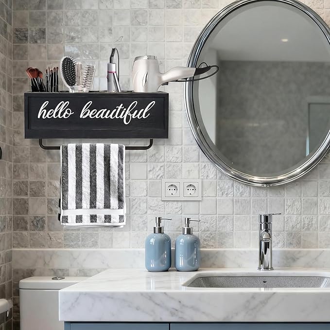 Hair Dryer Holder Wall Mounted, Hair Tools and Styling Organizer with Towel Bar, Farmhouse Beauty Hair Appliance Holder for Flat Iron, Curling Wand, Towel Rack (Black)