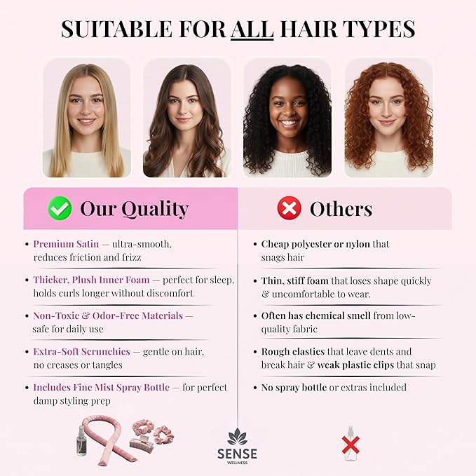 Satin Heatless Curling Kit, 39" Rod – No Heat Overnight Curls for Frizz-Free Waves – Comfortable Set w/ 2 Scrunchies, Claw Clip for All Hair Types (Lilac)