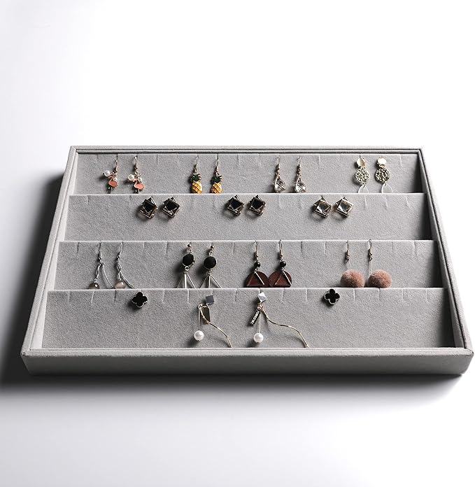 Frebeauty Stackable Velvet Jewelry Organizer Trays for Drawers Inserts Jewelry Storage Tray Display Case Earrings Bracelets Necklace Rings Accessories Trays for Women(Set of 4)(Grey).