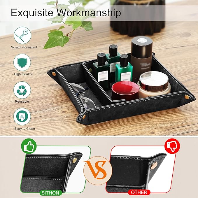 SITHON Valet Tray Desktop Storage Organizer, Removable 2 Compartments Catchall Tray Bedside Vanity Nightstand Caddy Holder Desk Storage Plate, Black
