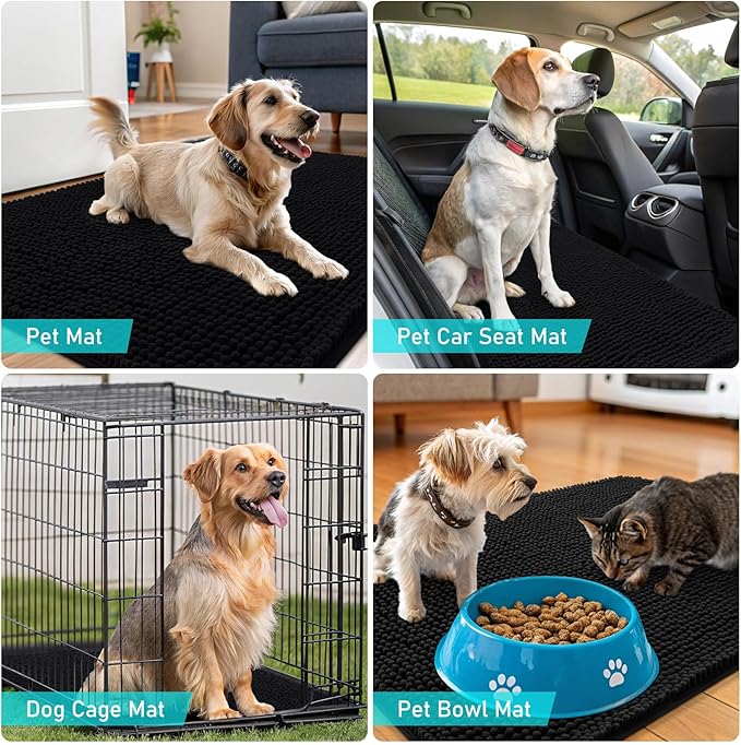 OLANLY Dog Door Mat for Muddy Paws 70x35, Absorbs Moisture and Dirt, Absorbent Non-Slip Washable Doormat, Quick Dry Chenille Mud Mat for Dogs, Entry Indoor Entryway Carpet for Inside Floor, Black