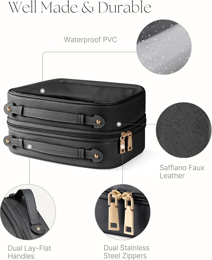 Clear Cosmetic Bag Double Layer Travel Toiletry Bag Clear Makeup Bag Case with 4 Compartments, Transparent Travel Bag for Toiletries, Large Toiletry Bag for Women Cosmetic Case (Black, Large)