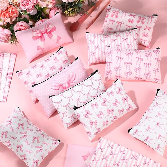 Reginary 20 Pieces Cosmetic Bag for Women, Roomy Makeup Bags with Zipper Toiletry Bag Pouch Travel Accessory Organizer Gifts, 7 x 4.3 Inches(Pink Bow)
