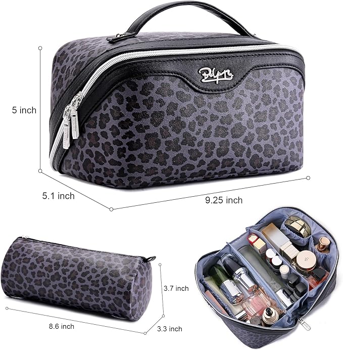 BOYATU Travel Makeup Bag for Women: 3 Pcs Set Portable Make up Bags with Handle - Leopard Print Cosmetic Bags with Comparments - Waterproof Vegan Leather Toiletry Bag (A-1-Purple)