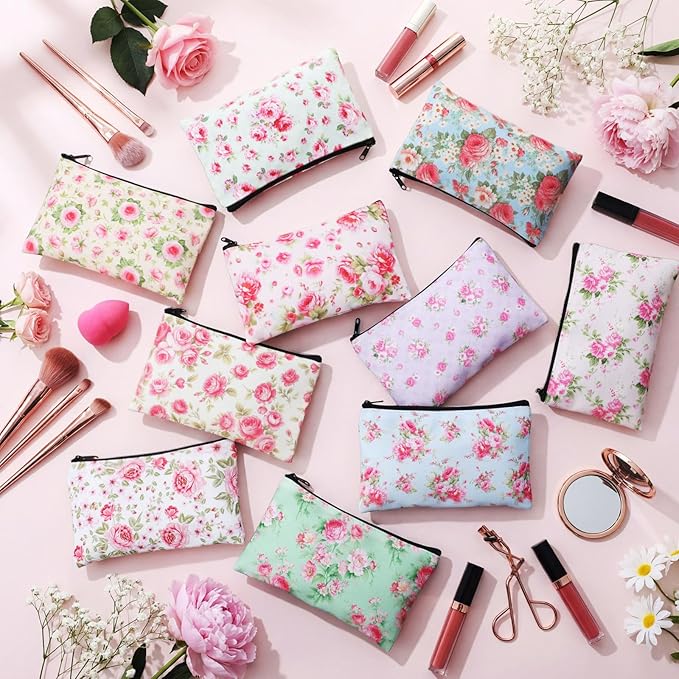 Reginary 20 Pieces Cosmetic Bag for Women, Roomy Makeup Bags with Zipper Toiletry Bag Pouch Travel Accessory Organizer Gifts, 7 x 4.3 Inches(Pink Flower)