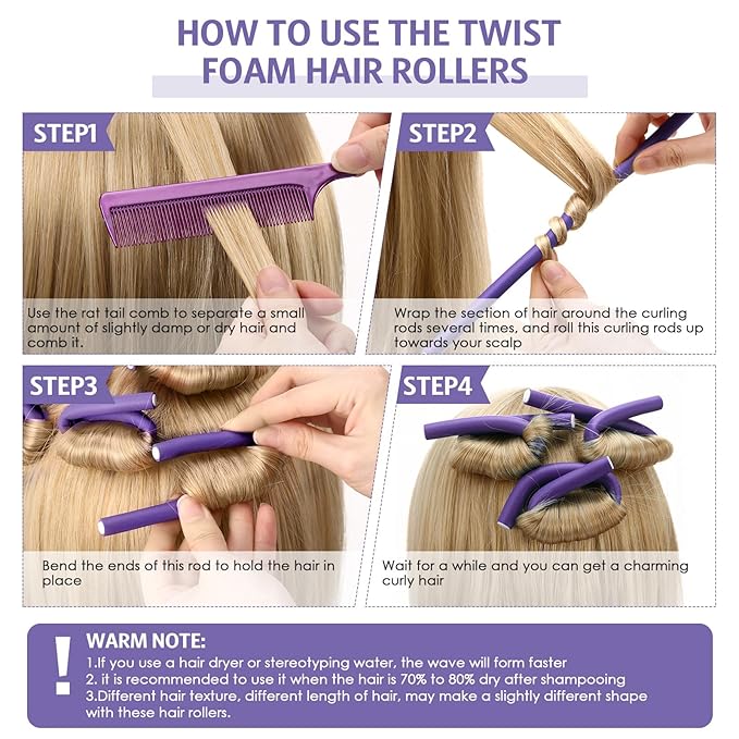 Syhood 30 Pcs Flexible Curling Rods 9.45 Twist Foam Rollers Soft Foam No Heat Hair Rods Rollers and 1 Steel Pintail Comb Rat Tail Comb for Women Long Short Hair(Purple,9.45 x 0.3 Inch)