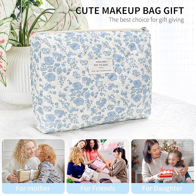 senbowe Floral Makeup Bag, 3 Pack Large Cotton Quilted Makeup Bag Set, Cute Floral Coquette Aesthetic Toiletry Bag Make Up Cosmetic Bag for Women, Toiletry Travel Make Up Organizer Bag
