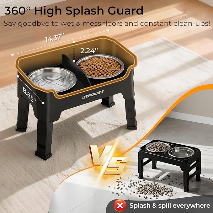 URPOWER Mess Proof Elevated Dog Bowls 4 Height Adjustable Raised Bowl Stand with 2 Stainless Steel Dog Bowls Non-Slip Food and Water Bowl Set for Small and Medium Dogs