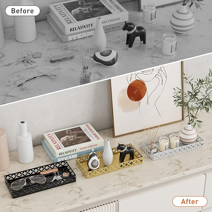 Bathroom Vanity Tray - Small Rectangle Decorative Tray - 11 Inch White Perfume Makeup Tray for Bathroom Counter
