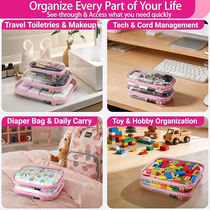 YQBRA 4 Pack Clear Hard Shell Zipper Case, See-Through Hard Plastic Organizer Pouches with Zipper for Travel, Toiletries, Makeup, Toy, Electronics & Pencils - Crush-Resistant Storage (M Pink)