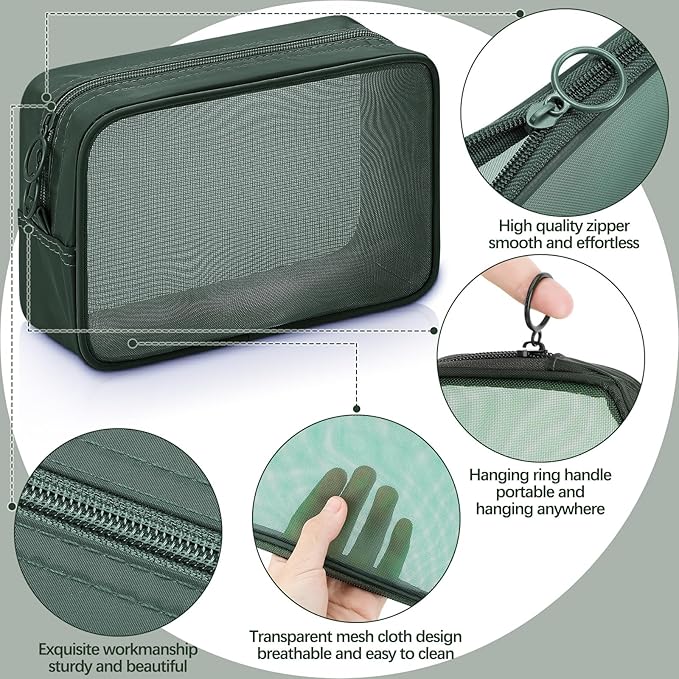Weewooday 4 Pcs Mesh Makeup Bag Mesh Cosmetic Bag Travel Toiletry Pouch with Zipper Mini Makeup Cosmetic Purse for Daily Accessory(Small, Large, Medium,Olive Green)