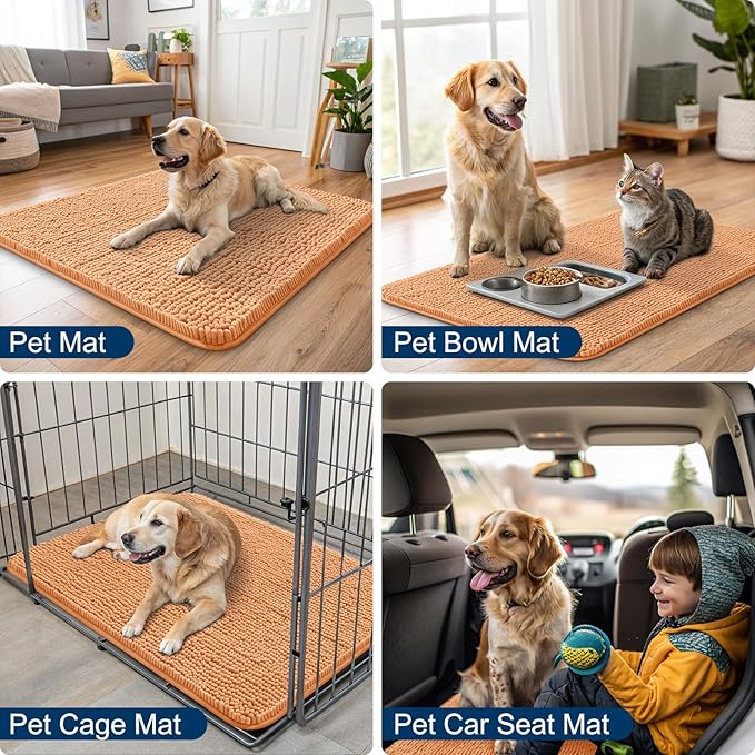 Smiry Dog Door Mat for Muddy Paws 47x24, Absorbs Moisture and Dirt Doormat, Non-Slip Washable Quick Dry Chenille Front Door Mat Indoor Entrance, Entryway Carpet for Inside Floor, Orange