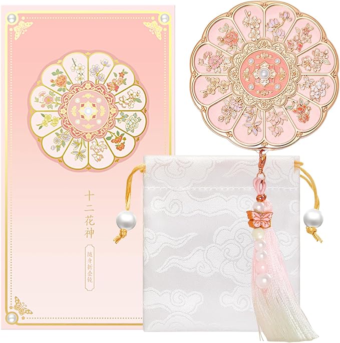 Twelve Flower Goddesses Compact Mirror, Mini Makeup Mirror with Small 2X Magnifying, Portable Double Sided Pocket Mirror for Purse, Pink Gifts for Women Girls