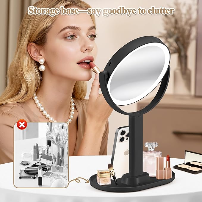 Makeup Mirror with Lights, Double Sided 1x/30x Magnifying Mirror with Light, Rechargeable 3 Color Lights and Adjustable Brightness, 360° Rotation Detachable Comes with Tweezer(Black)