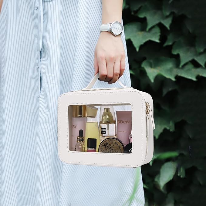 Travel Makeup Bag with Brush Case Portable Transparent Cosmetic Bag and Toiletry Bag Waterproof Makeup Organizer with Zipper Car Essential for Women (White, L+Slim)