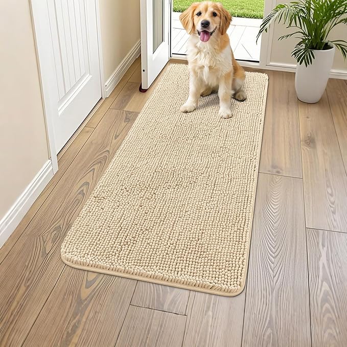 Smiry Dog Door Mat for Muddy Paws 45x27, Absorbs Moisture and Dirt Doormat, Non-Slip Washable Quick Dry Chenille Front Door Mat Indoor Entrance, Entryway Carpet for Inside Floor, Beige
