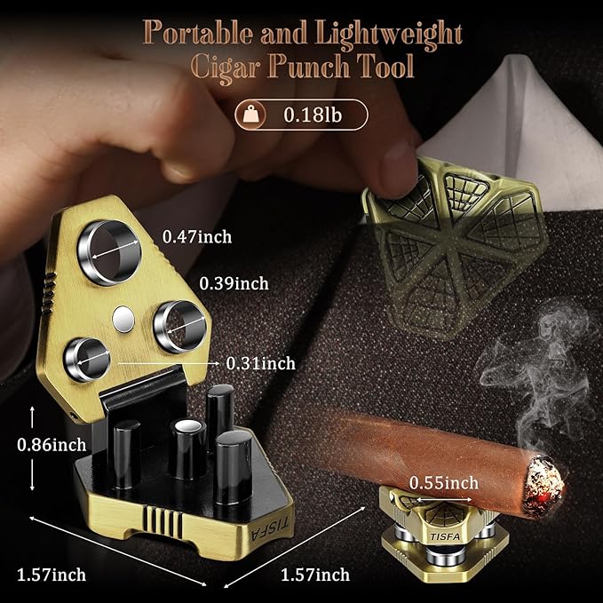 TISFA Cigar Punch Tool, Cigar Punch Cutter with Cigar Holder 2 in 1, Foldable 3 Sizes Cigar Hole Punch and 3 Cigar Stand Cigar Kit, Multifunctional Stainless Steel Puncher with Gift Box (Bronze)
