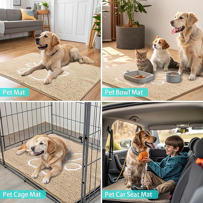 Smiry Dog Door Mat for Muddy Paws, Absorbent Dirt Trapper Non Slip Quick Dry Washable Chenille Mat for Mud Dogs, Entry Rug for Indoor and Outdoor (40x24 Inches, Beige and White)