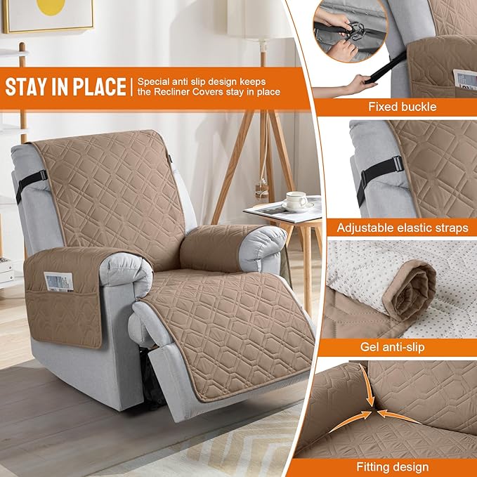 VANSOFY 100% Waterproof Recliner Chair Covers, Recliner Cover Non-Slip Dog Chair Cover Furniture Protector Washable Slipcover with Pocket, Elastic Straps for Pets, Dogs(Light Brown, 22")