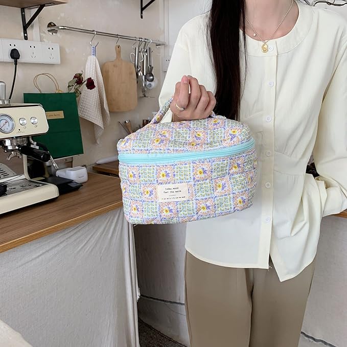 VIWIME Makeup Cosmetic Bag, Large Cotton Quilted Travel Coquette Aesthetic Cute Floral Make up Bag for Women Toiletry Bag Organizer (107- Grid / 2Pcs)