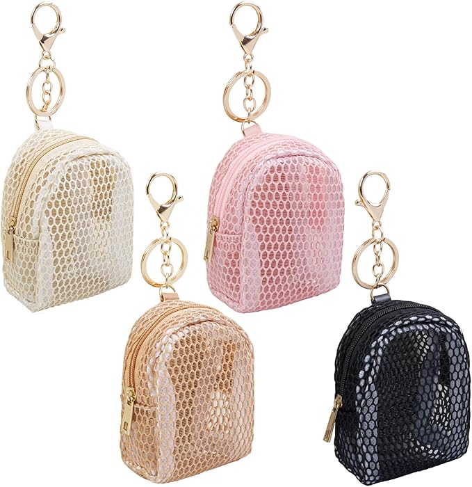 4Pcs Mini Backpack Keychain,Cute Cosmetic Bag for Women,PU Leather Makeup Bag Key Pocket Lipstick Bag Card Holder Data Cable Organizer Zipper Pouch (Mesh Cosmetic Bag)