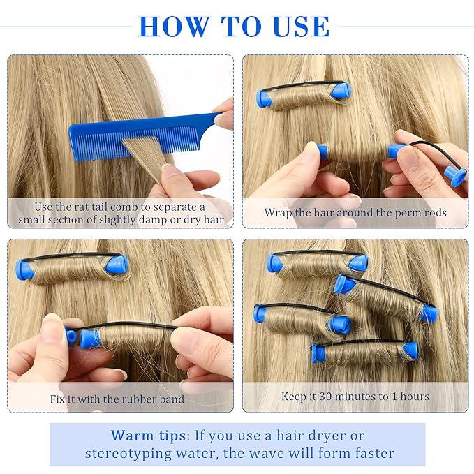 WILLBOND 60 Pcs Perm Rods for Short Long Hair Plastic Cold Wave Perming Curlers Small Hair Curling Rollers with Steel Pintail Rat Tail Kit for Women Hairdressing Styling Supplies(0.35 Inch,Blue)