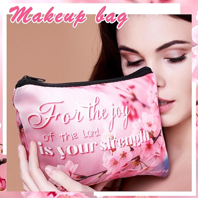 Pinkunn 16 Pcs Valentines Canvas Makeup Bags Bulk Inspirational Christian Women Religious Galentine Gifts Inspirational Bible Verse Pencil Pouch Makeup Bags with Zipper for Travel(Landscape)