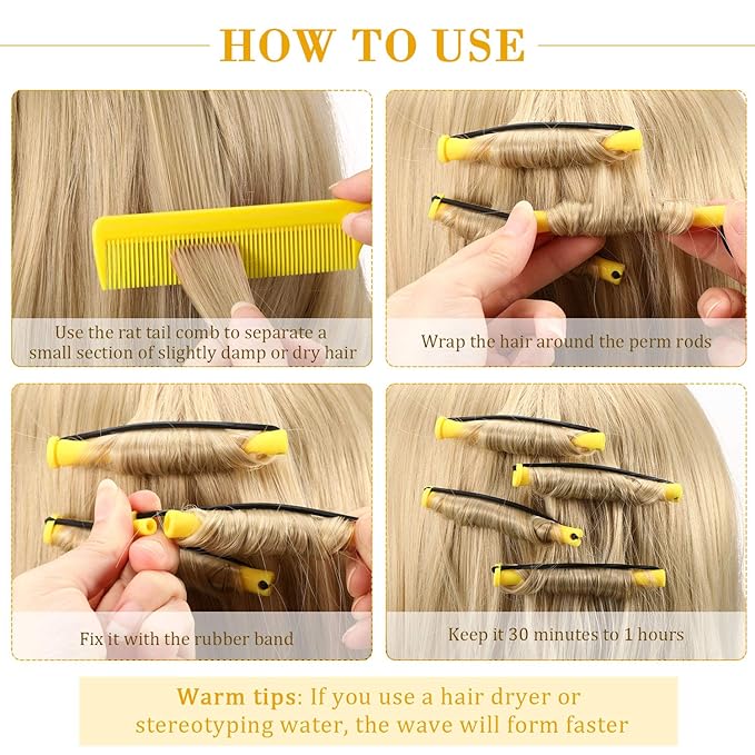 WILLBOND 96 Pcs Hair Perm Rods Plastic Cold Wave Perming Rod for Short Long Hair Curlers Heatless Roller with 2 Steel Pintail Rat Tail Comb for Hairdressing Styling Tool(0.28 Inch/ 0.7 cm,Yellow)