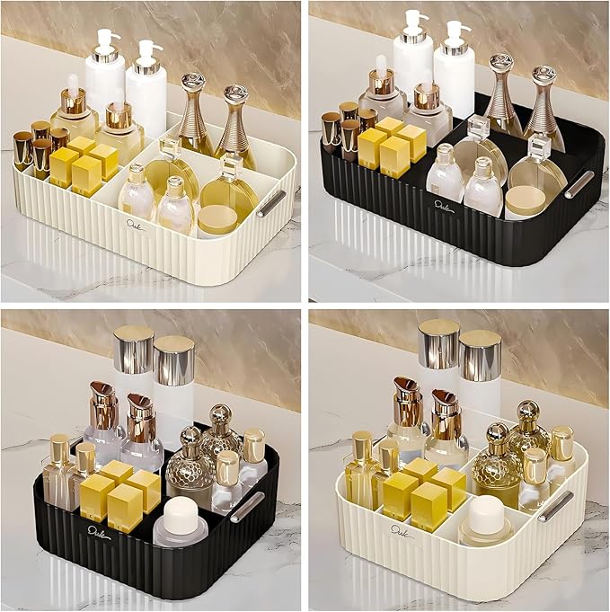 DASITON Acrylic Makeup Organizer,9 Slots Makeup Brush Holder,Makeup Storage with Handle,Vintage Striped Cosmetic Organizer for Desk Storage Container,Vanity,Bathroom(Black)