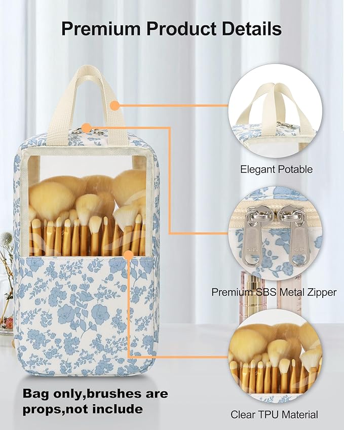 MONSTINA Makeup Brush Bag, Travel Makeup Brush Case Portable Large Makeup Brush Holder Marker Organizer Pro Makeup Artist Bags Sets Clear Cosmetic Bags Blue flowers