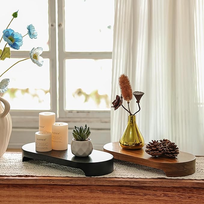 Acacia Wood Risers for Decor Display, Bathroom Counter Decorative Tray, Soap Dish Risers, Pedestal Stand for Bottles,Candle,Plant, Counter Decor for Vanity. (Brushed Black L)