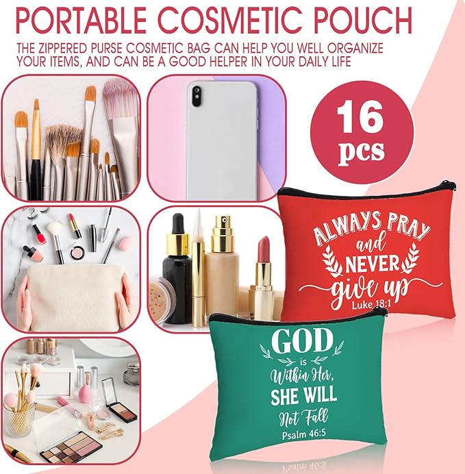 Pinkunn 16 Pcs Valentines Canvas Makeup Bags Bulk Inspirational Christian Women Religious Galentine Gifts Inspirational Bible Verse Pencil Pouch Makeup Bags with Zipper for Travel(Bible Solid Color)