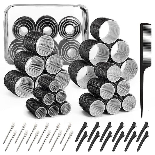 4 Sizes Hair Rollers for Women Set - 50 Pcs Hair Curler Rollers with Clips, Self Grip Hair Rollers for Long, Short Hair and Bangs, 25mm, 36mm, 48mm, 60mm, Black