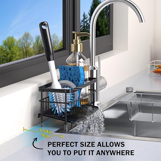 Trendy Quick-Dry Sink Caddy, Sponge Holder for Kitchen Sink with Self-Draining Metal Tray, Storage Organizer Rack for Sponge/Dish Soap/Gadgets, 2-Layer Rustproof Brush Holder for countertop - Black