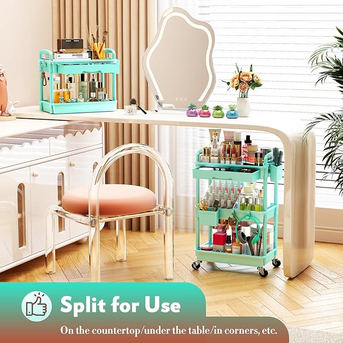 Makeup Cart Organizer with Drawers, Floor Skincare Organizers Vanity Storage Organizer, Rolling Makeup Bathroom Storage Cart Cosmetics Display Cases for Skin Care Perfume Nail Polish, Blue