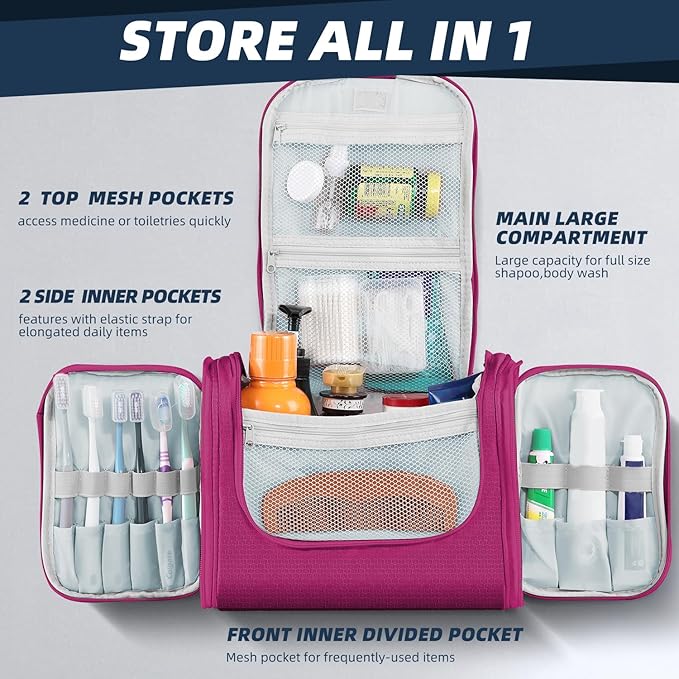 Buruis Large Capacity Waterproof Toiletry Bag for Women, Hanging Toiletry Organizer, 11"x 6.2"x 8.8", Fushcia
