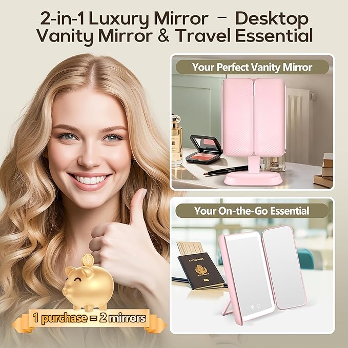 Vanity Mirror with Lights, Lighted Makeup Mirror with 30X/10X/5X Magnification, Rechargeable Trifold Mirror with 3 Color & Adjustable Brightness, Travel Makeup Mirror with Lights for Desk