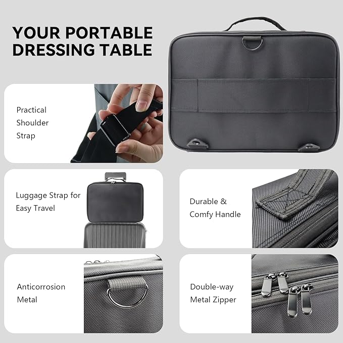 Travel Makeup Case 3 Layers Portable Makeup Train Case Cosmetic Bag Organizer Storage for Women with Adjustable Dividers and Shoulder Strap for Toiletry Travel Accessories(Black,XL)