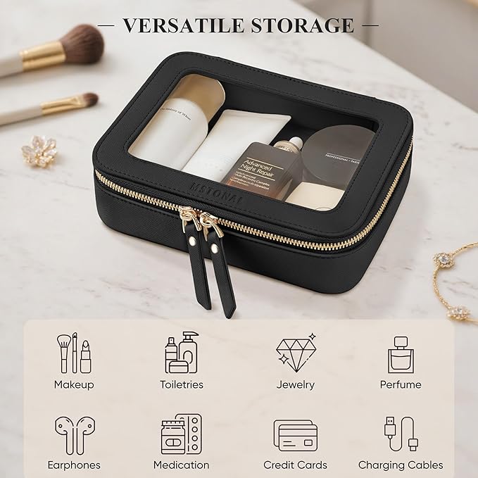 Clear Makeup Bag, Travel Toiletry Bag Cosmetic Case for Women, Waterproof Portable Make Up Skincare Pouch with Zipper, Compact Car Organizer Bag for Essentials, Mini & Medium, Black