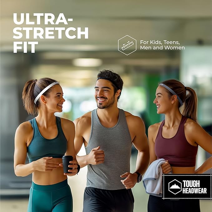 Tough Headwear Thin Elastic, Sports for Women & Men, Workout, Running, Soccer and Mens Headband - 3-Pack | Black, Gray and White