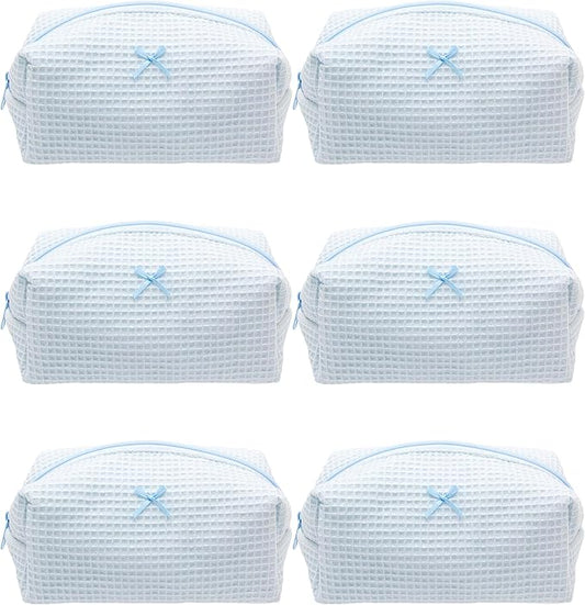 PAZIMIIK 6PCS Cozy Makeup Bag Travel Cosmetic Bag for Women Soft Toiletry Bag Aesthetic Makeup Organizer Portable Large Zipper Pouch for Skincare Beauty Accessories Brushes Waffle Check Blue