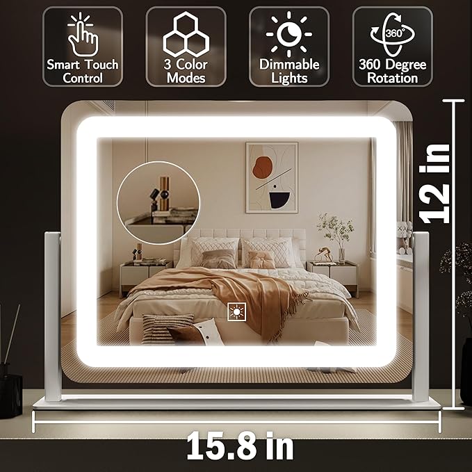 ROLOVE Vanity Mirror with Lights 15"x12", Lighted Makeup Mirror with 10X Magnification, 3 Color Lighting & Dimmable Brightness, Light Up Mirror for Desk, Bedroom, Bathroom