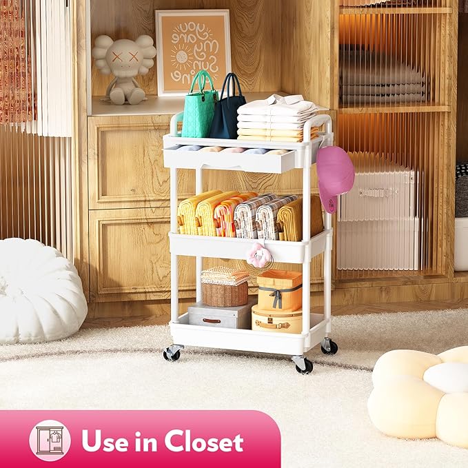 Makeup Cart Organizer with Drawers, Floor Skincare Organizers Vanity Storage Organizer, Rolling Makeup Bathroom Storage Cart Cosmetics Display Cases for Skin Care Perfume Nail Polish, White